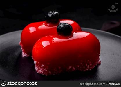  Delicious cheese cakes with red coating made for Valentine’s holiday. Sweets for the holiday table