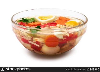 Delicious chicken aspic in glass bowl isolated on white background. High quality photo. Delicious chicken aspic in glass bowl isolated on white background