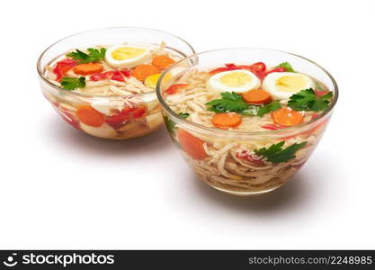 Delicious chicken aspic in glass bowl isolated on white background. High quality photo. Delicious chicken aspic in glass bowl isolated on white background