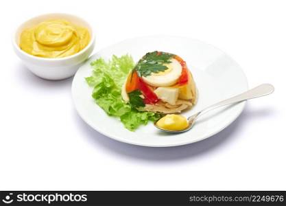Delicious chicken aspic on a plate isolated on white background. High quality photo. Delicious chicken aspic on a plate isolated on white background