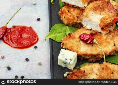 Delicious chicken breast roasted in breadcrumbs on restaurant table. Dietary grilled chicken fillet.