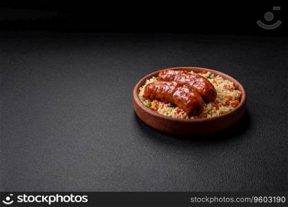 Delicious chicken or pork sausages baked on the grill with porridge and vegetables on a dark concrete background