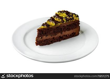 Delicious chocolate and pistachio cake on isolated white background