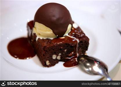 Delicious chocolate brownie and ice cream