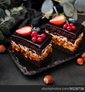 Delicious chocolate cake decorated with fresh berries