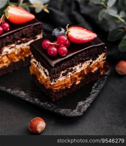 Delicious chocolate cake decorated with fresh berries
