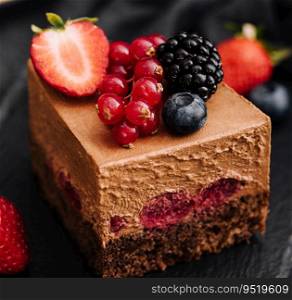 Delicious chocolate cake decorated with fresh berries on wooden black table