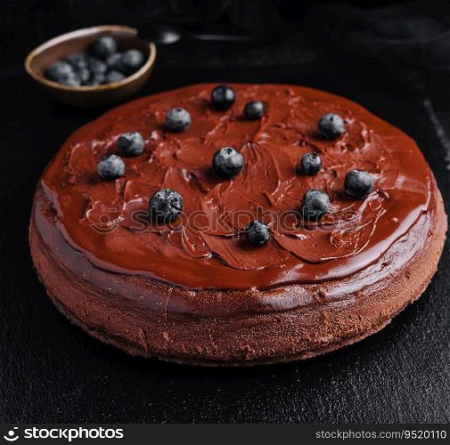 Delicious chocolate cake decorated with fresh blueberries