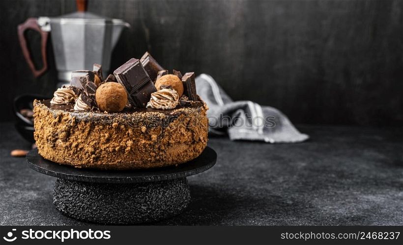 delicious chocolate cake stand with copy space
