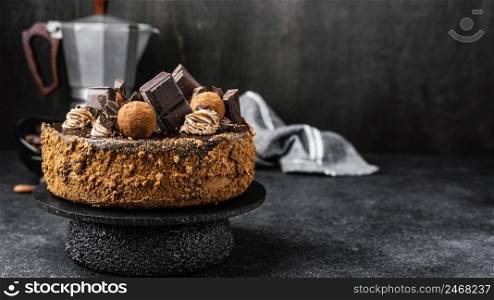 delicious chocolate cake stand with copy space