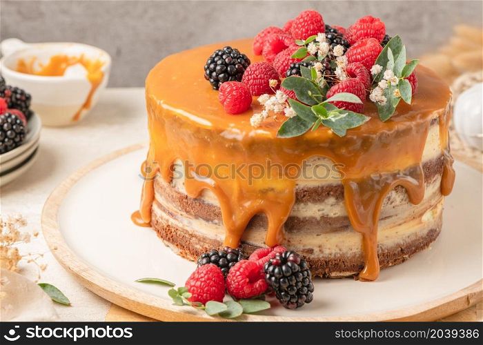 Delicious chocolate cake topped with mascarpone cream and salted caramel. Decorated with red fruits. Light background