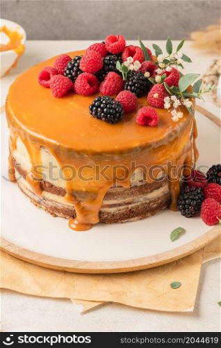 Delicious chocolate cake topped with mascarpone cream and salted caramel. Decorated with red fruits. Light background