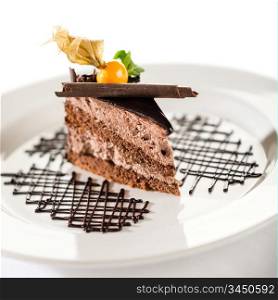 Delicious chocolate cake with physalis on white plate and isolated