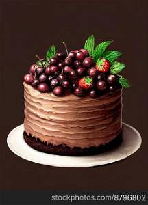 Delicious Chocolate cake with strawberries, cherries 3d illustrated