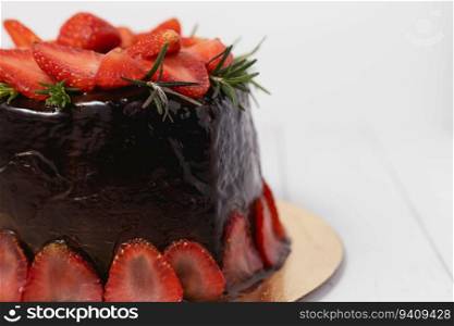Delicious chocolate cake with strawberries on white background for food and bakery concept