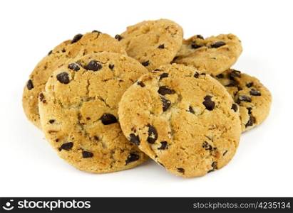 Delicious chocolate chip cookies against white background with copy space.