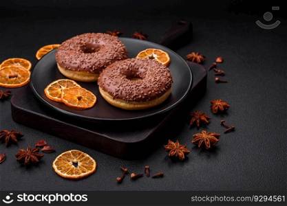 Delicious chocolate glazed donut sprinkled with chocolate chips on a dark concrete background