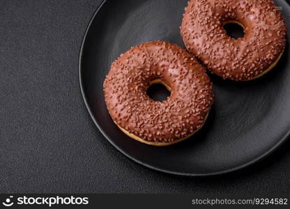 Delicious chocolate glazed donut sprinkled with chocolate chips on a dark concrete background