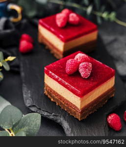 Delicious chocolate mousse cake with raspberries jelly
