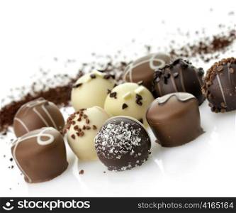 Delicious Chocolate Pralines ,Close Up, On White Background