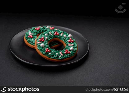 Delicious Christmas gingerbread on a dark textural background. Preparing to celebrate Christmas and New Year