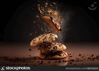 Delicious cookies with chocolate falling down on a dark background. Generative AI