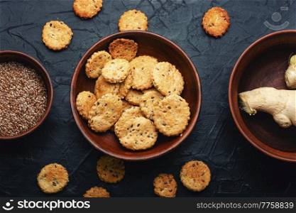 Delicious crackers with ginger and flax. Vegetarian cookies.. Crackers with flax and ginger.