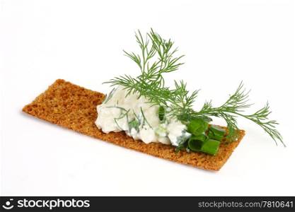 delicious crispbreads with cottage cheese and fennel. isolated on white background