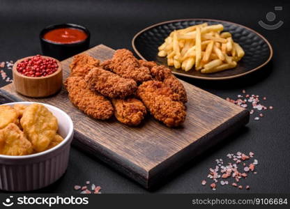 Delicious crispy breaded chicken wings grilled with spices and herbs on a dark concrete background