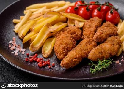 Delicious crispy chicken nuggets breaded with salt and spices on a dark concrete background