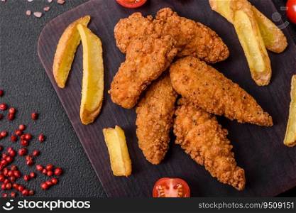 Delicious crispy chicken nuggets breaded with salt and spices on a dark concrete background