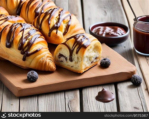 Delicious Croissants and Freshly Baked Sweet Buns with Decadent Chocolate. Generative AI.