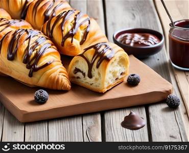 Delicious Croissants and Freshly Baked Sweet Buns with Decadent Chocolate. Generative AI.