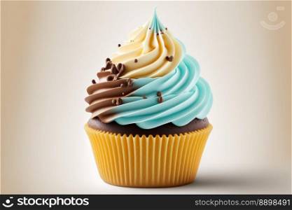Delicious cupcake on color background, Space for text. Generative AI 