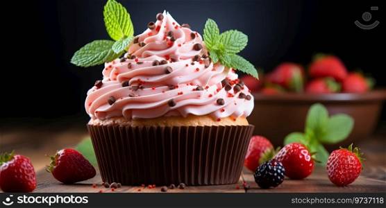 Delicious cupcake with chocolate and strawberries on a dark background. ia generated