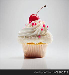Delicious cupcake with lots of cream and cherries. Illustration AI Generative 
