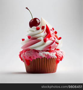 Delicious cupcake with lots of cream and cherries. Illustration AI Generative 