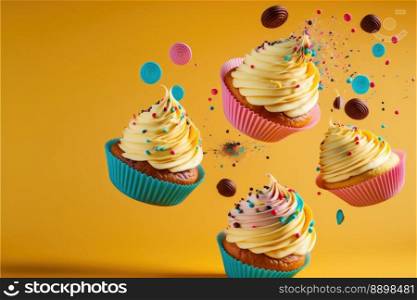Delicious cupcakes falling down on color background, Space for text. Generative AI 