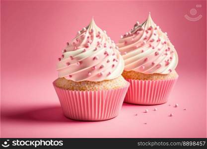 Delicious cupcakes on color background, Space for text. Generative AI 