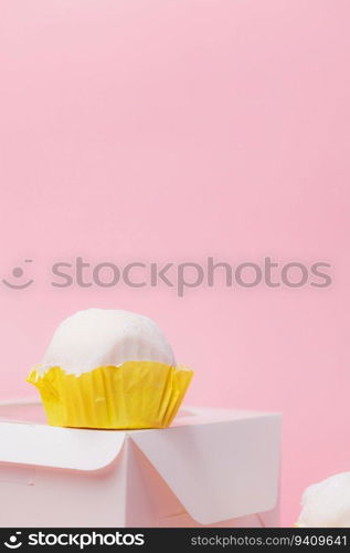Delicious Daifuku, Japanese rice cake on package box against pink background for food and bakery concept