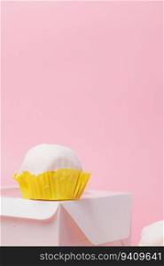 Delicious Daifuku, Japanese rice cake on package box against pink background for food and bakery concept