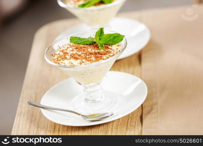 Delicious desert. Close up of tasty dessert on table