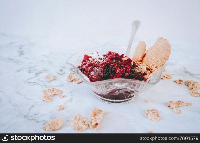 Delicious dessert with jelly, coockies and cereals