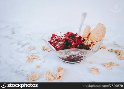 Delicious dessert with jelly, coockies and cereals