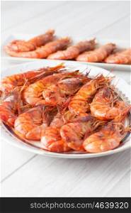 Delicious dish of baked prawns with selective focus