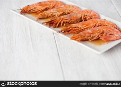 Delicious dish of baked prawns with selective focus&#xA;