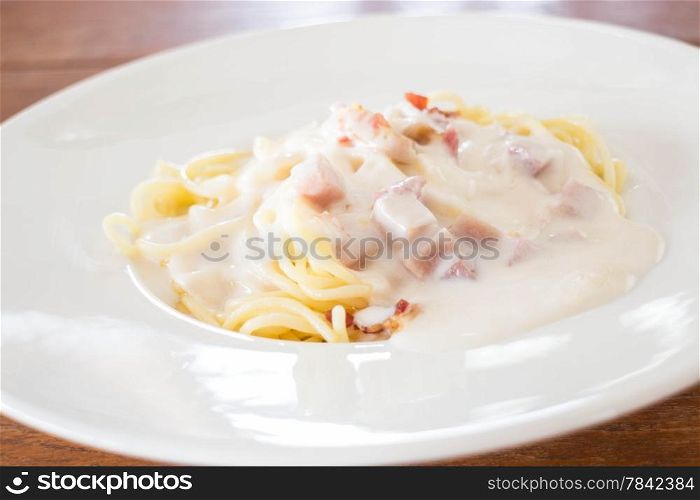 Delicious dish of spaghetti carbonara, stock photo