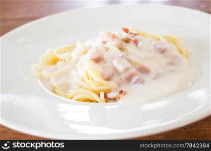 Delicious dish of spaghetti carbonara, stock photo