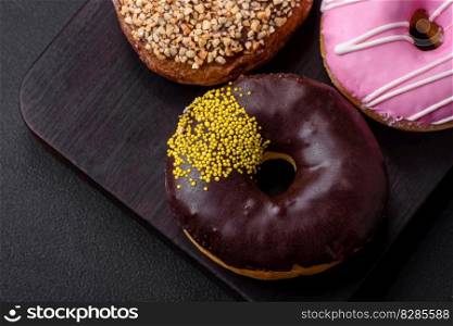 Delicious donut with cream filling and nuts on a dark concrete background. Sweet junk food