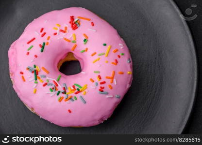 Delicious donut with cream filling and nuts on a dark concrete background. Sweet junk food